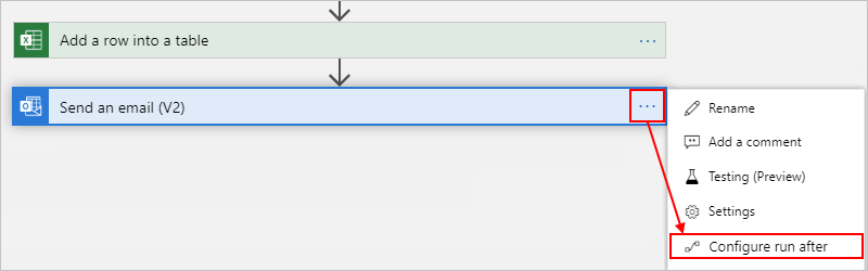 Screenshot showing Consumption workflow designer and current action with ellipses and "Configure run after" selected.