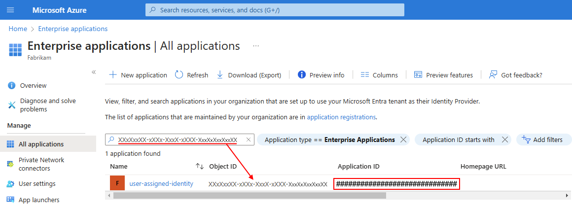 Screenshot shows Entra tenant page named All applications, with enterprise application object ID in search box, and selected matching application ID.