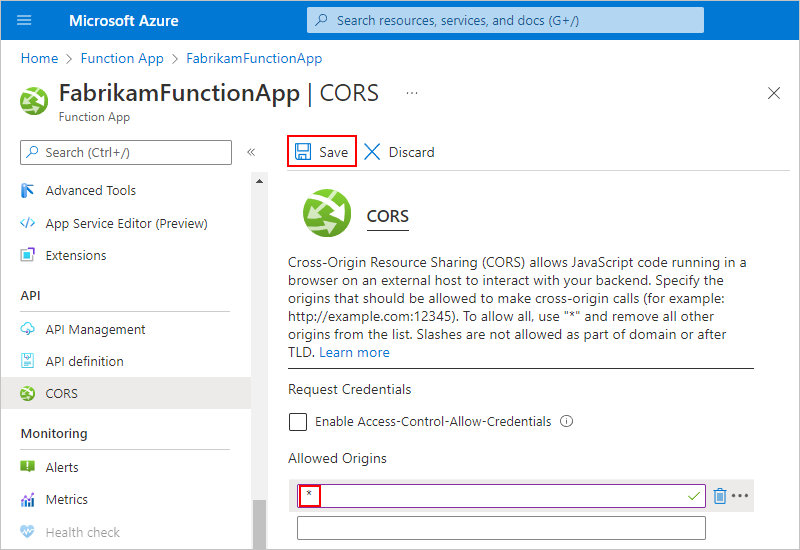 Screenshot shows Azure portal, CORS pane, and wildcard character * entered under Allowed Origins.