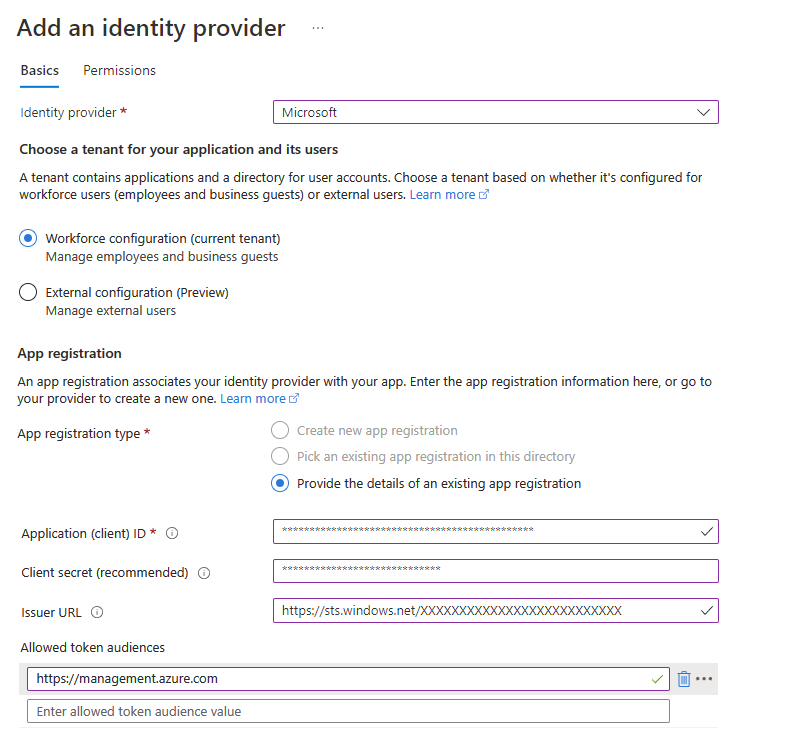 Screenshot shows app registration for your logic app and identity provider for your function app.