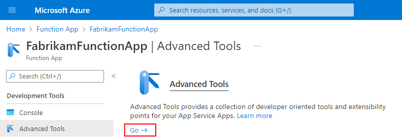 Screenshot shows function app menu with selected options for Advanced Tools and Go.