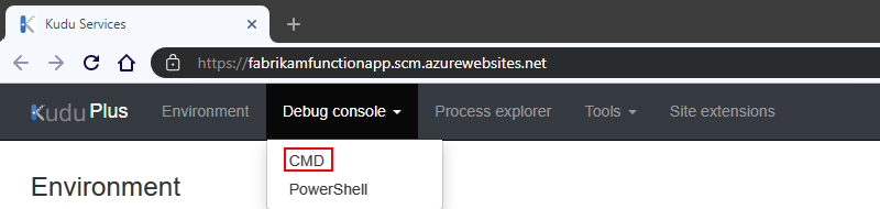Screenshot shows Kudu Services page with opened Debug Console menu and selected option named CMD.
