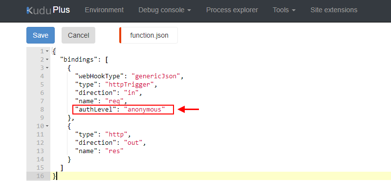 Screenshot shows bindings object with authLevel property set to anonymous.