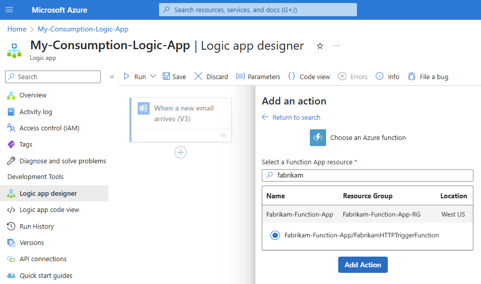 Screenshot shows Consumption workflow with a selected function app and function.