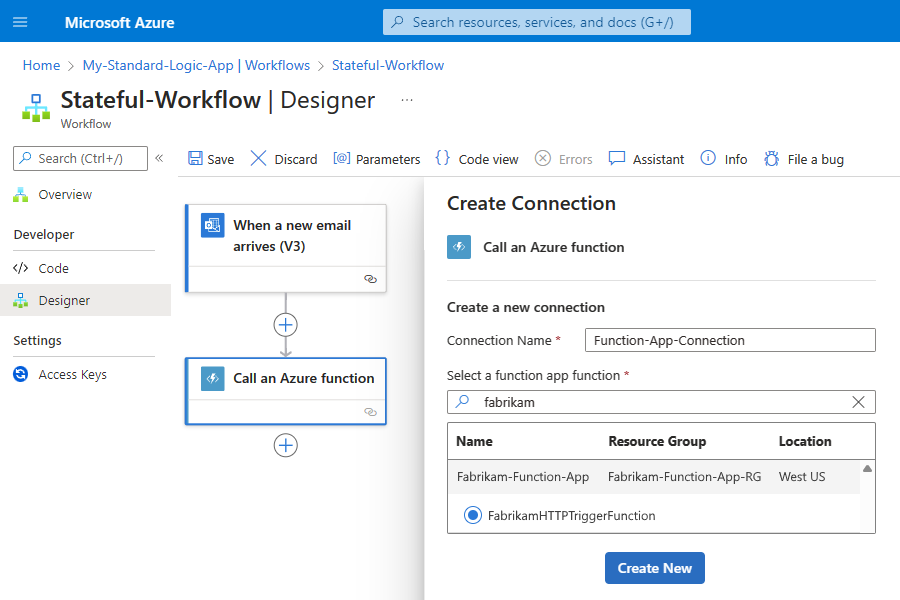 Screenshot shows Standard workflow designer with selected function app and function.