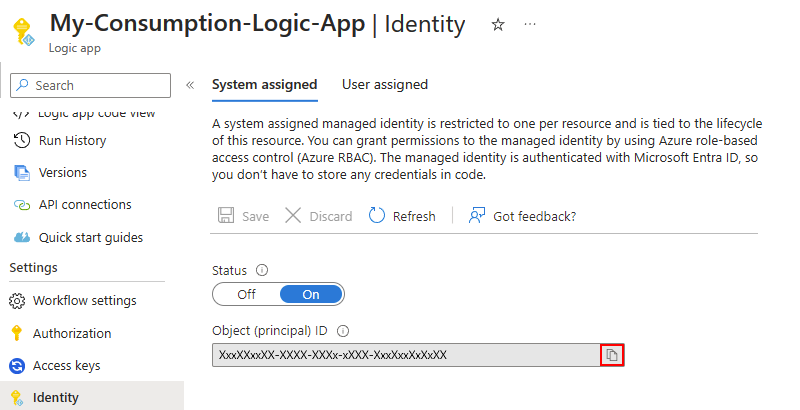 Screenshot shows Consumption logic app's Identity page with selected tab named System assigned.