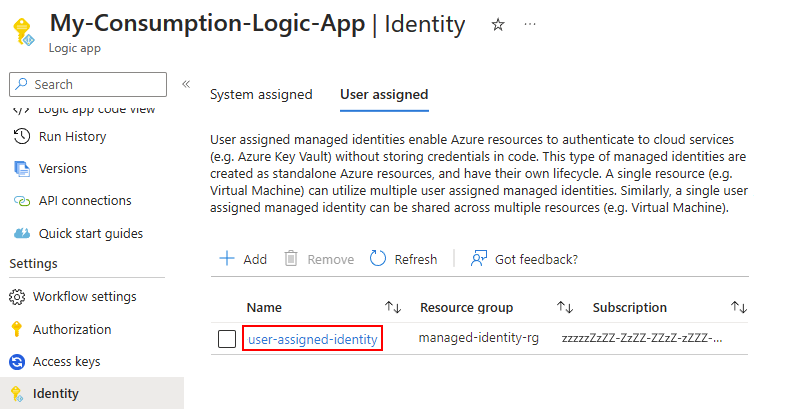 Screenshot shows Consumption logic app's Identity page with selected tab named User assigned.