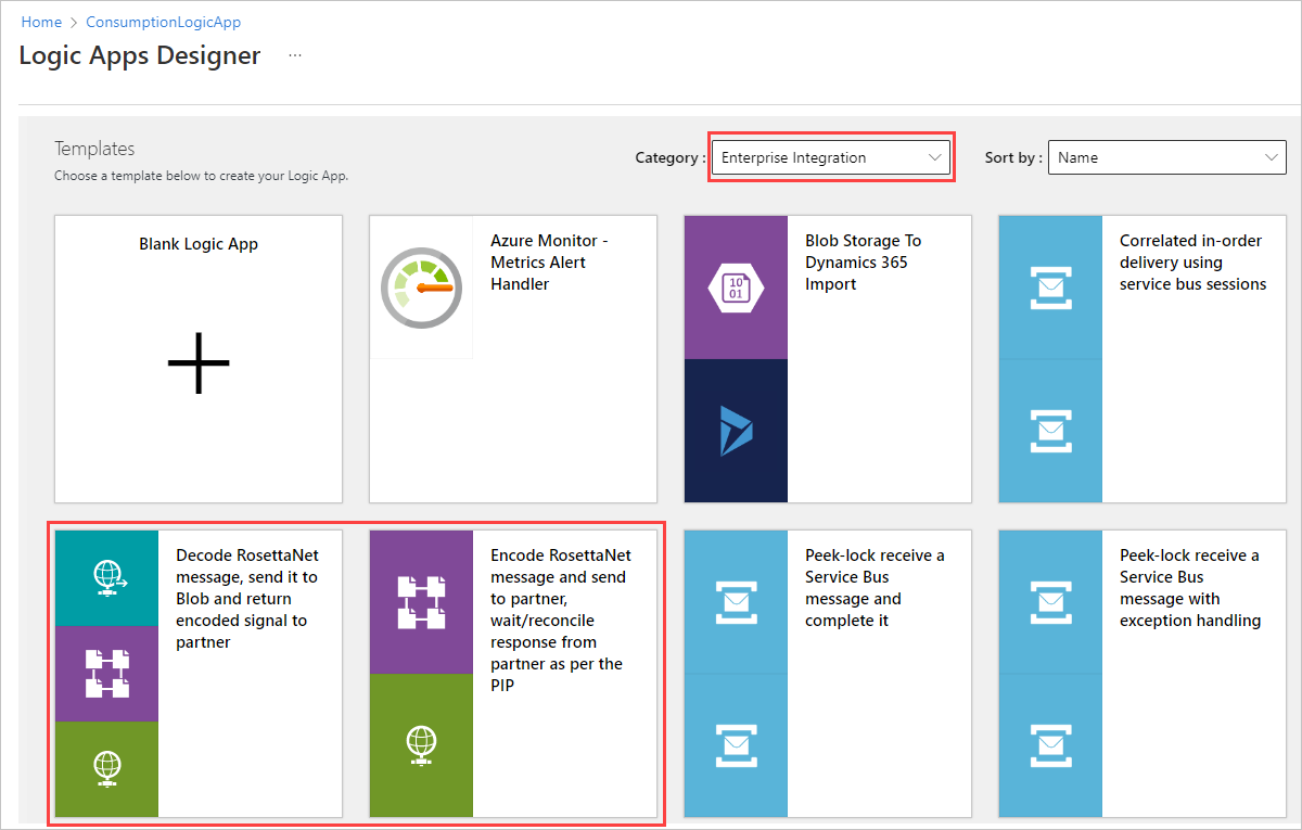 Screenshot of the designer. The Enterprise Integration category and templates for decoding and encoding RosettaNet messages are selected.