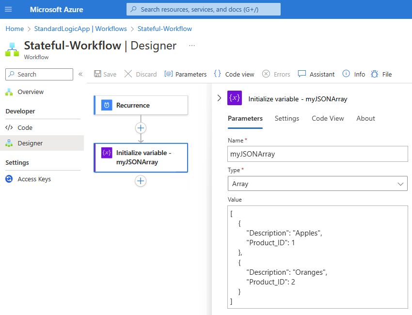Screenshot showing the Azure portal and the designer with a sample Standard workflow for the "Create CSV table" action.