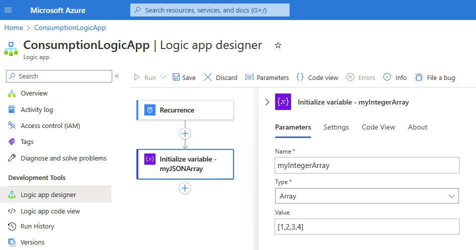 Screenshot showing the Azure portal and the designer with a sample Consumption workflow for the "Filter array" action.