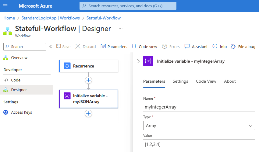 Screenshot showing the Azure portal and the designer with a sample Standard workflow for the "Filter array" action.