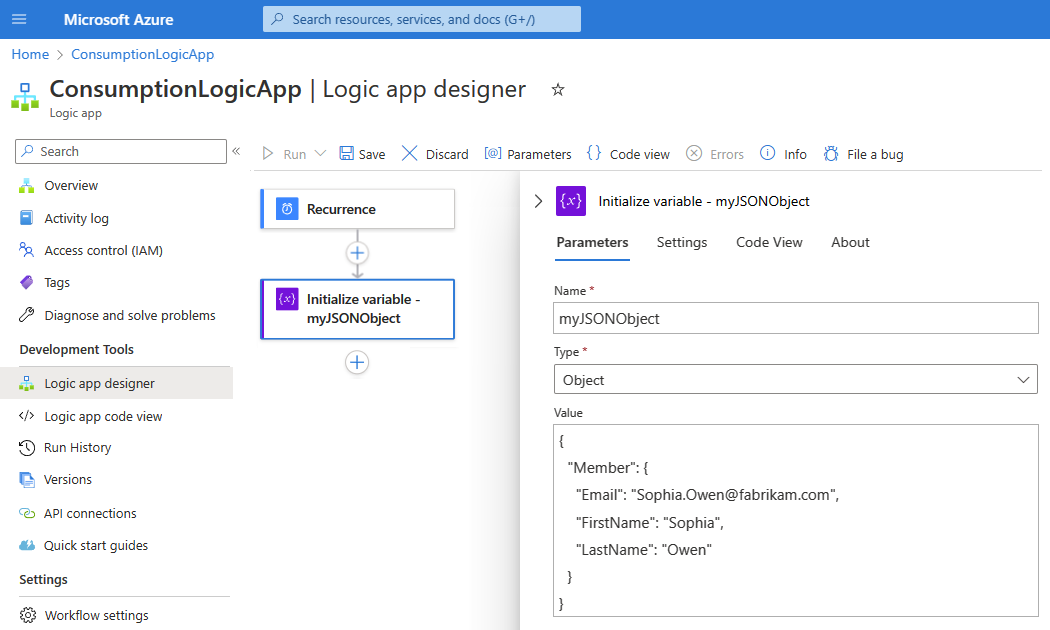 Screenshot showing the Azure portal and the designer with a sample Consumption workflow for the "Parse JSON" action.