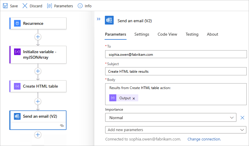 Screenshot showing a Standard workflow with the "Send an email" action and the "Output" field from the preceding "Create HTML table" action entered in the email body.