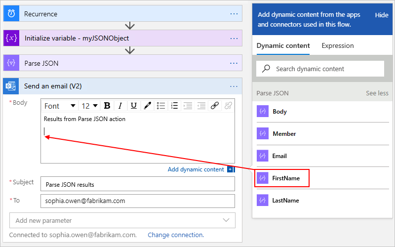 Screenshot showing a Consumption workflow with JSON properties in the "Send an email" action.