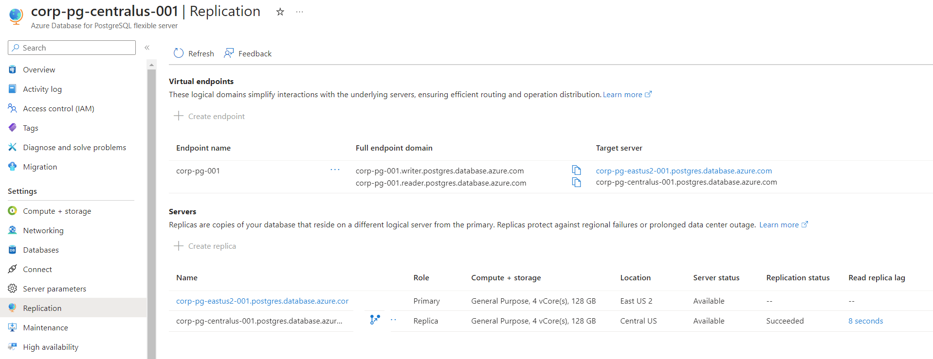 Screenshot of virtual endpoints list.