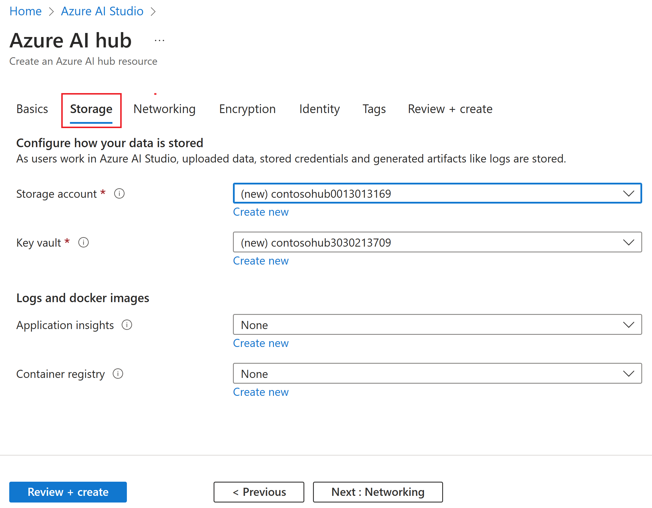 Screenshot of the Create a hub with the option to set storage resource information.