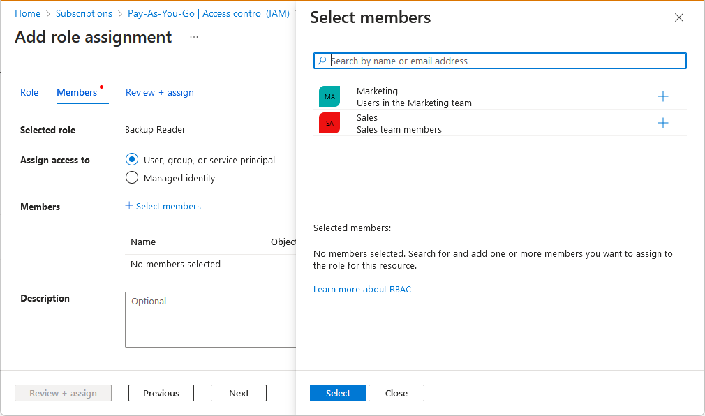 Screenshot of role assignments constrained to specific groups.