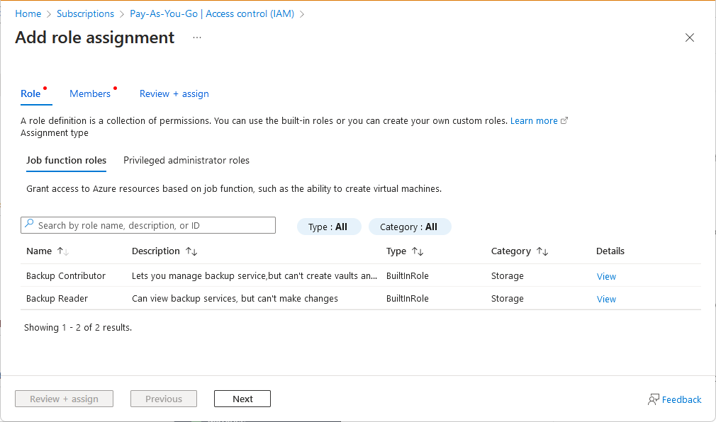 Screenshot of role assignments constrained to specific roles.