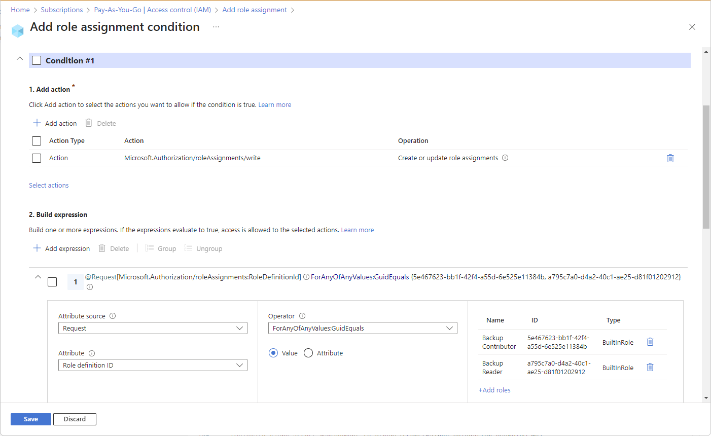 Screenshot of condition editor in Azure portal showing a role assignment condition to delegate role assignment management.