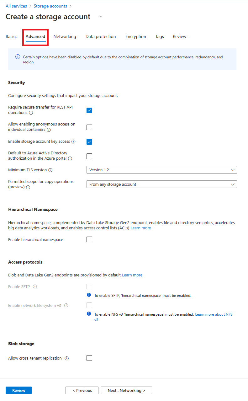 Screenshot showing a standard configuration for a new storage account - Advanced tab.