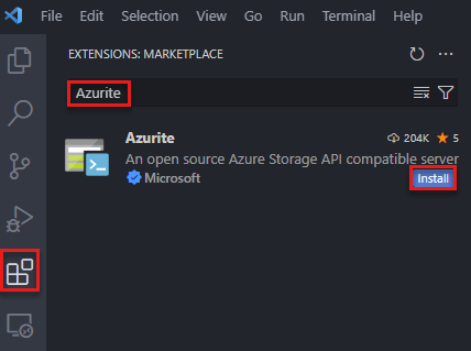 A screenshot showing how to search for and install the Azurite extension in Visual Studio Code.