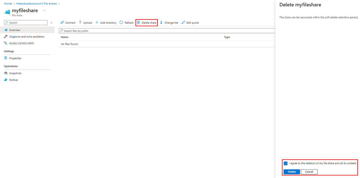 Screen shot of the Azure portal procedure for deleting a file share.
