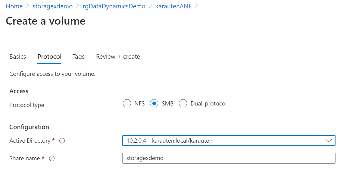 Screenshot for SMB properties in Azure NetApp Files volume