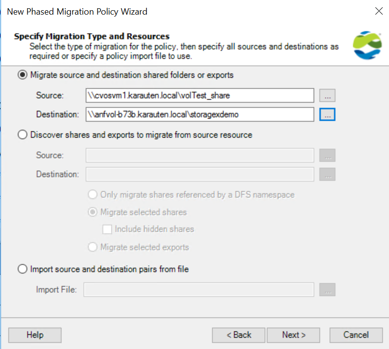 Screenshot for selecting proper source and destination targets