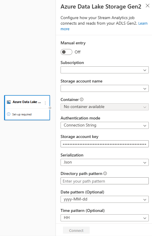 Screenshot that shows Azure Data Lake Storage Gen2 input configuration.