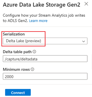 Screenshot that shows the delta lake configuration in ADLS Gen2 output.