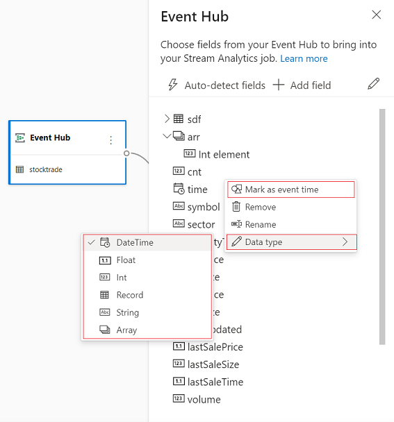 Screenshot that shows selections for adding, removing, and editing the fields for an event hub.