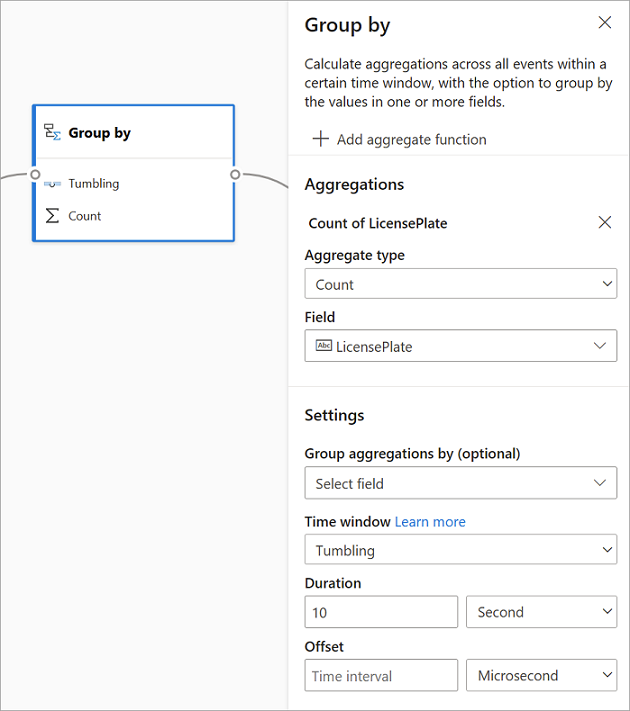 Screenshot that shows selections for calculating an aggregation with the option of grouping by values.