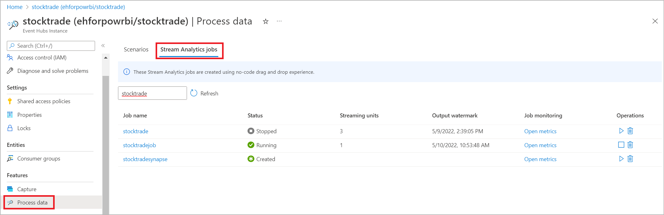 Screenshot that shows the Stream Analytics job list where you review job status.