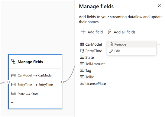 Screenshot that shows selections for managing fields.