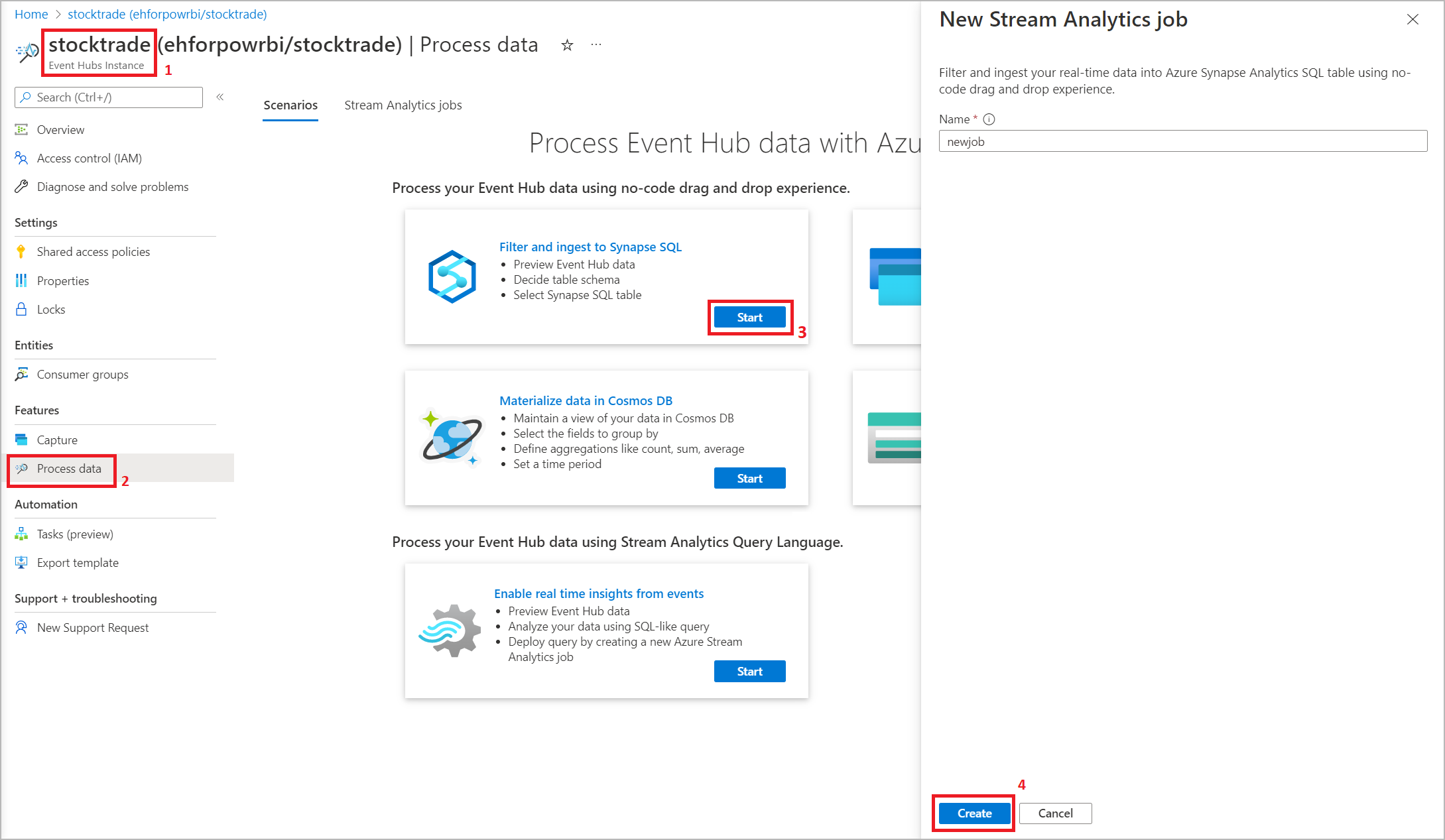 Screenshot that shows selections to create a new Stream Analytics job.