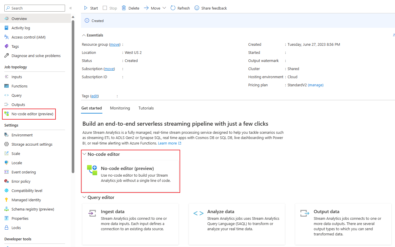 Screenshot that shows no-code on Azure Stream Analytics portal locations.