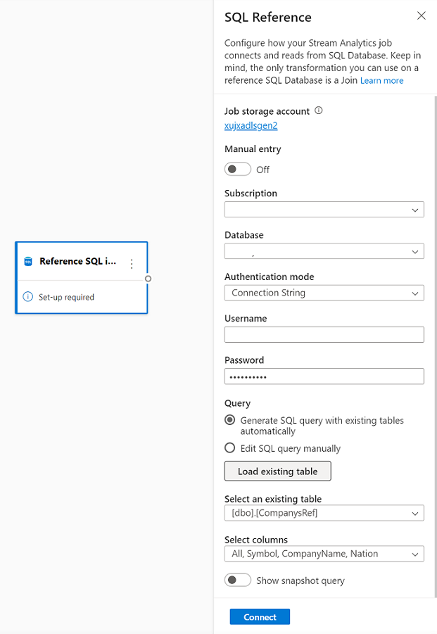 Screenshot that shows SQL Database reference input configuration.