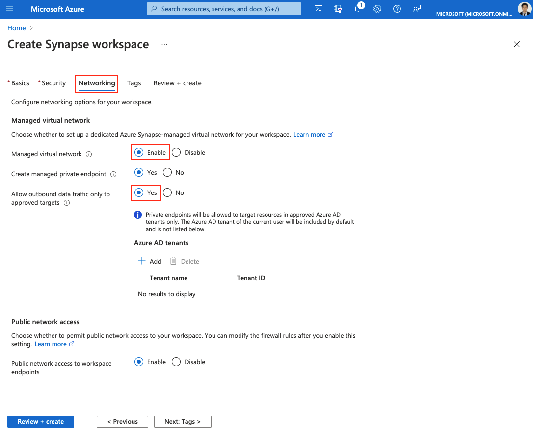 Screenshot of the Create Synapse workspace networking page, with the Managed virtual network option Enabled and the Allow outbound data traffic only to approved targets option to Yes.