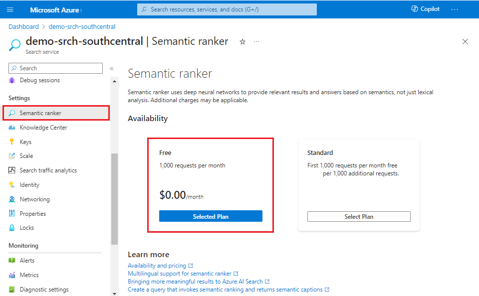 Screenshot of enabling semantic ranking in the Azure portal.