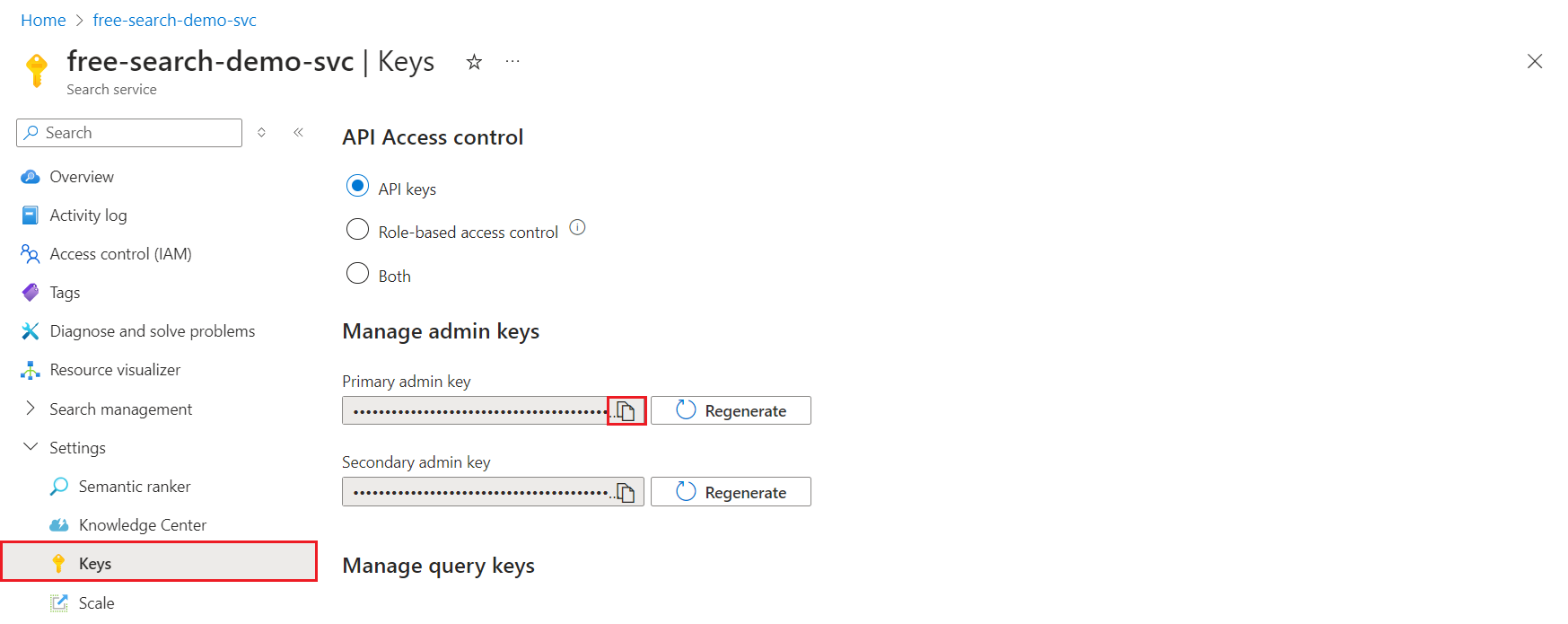 Screenshot that shows the API keys in the Azure portal.