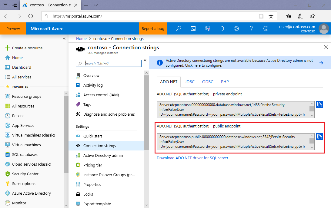 Public endpoint connection string