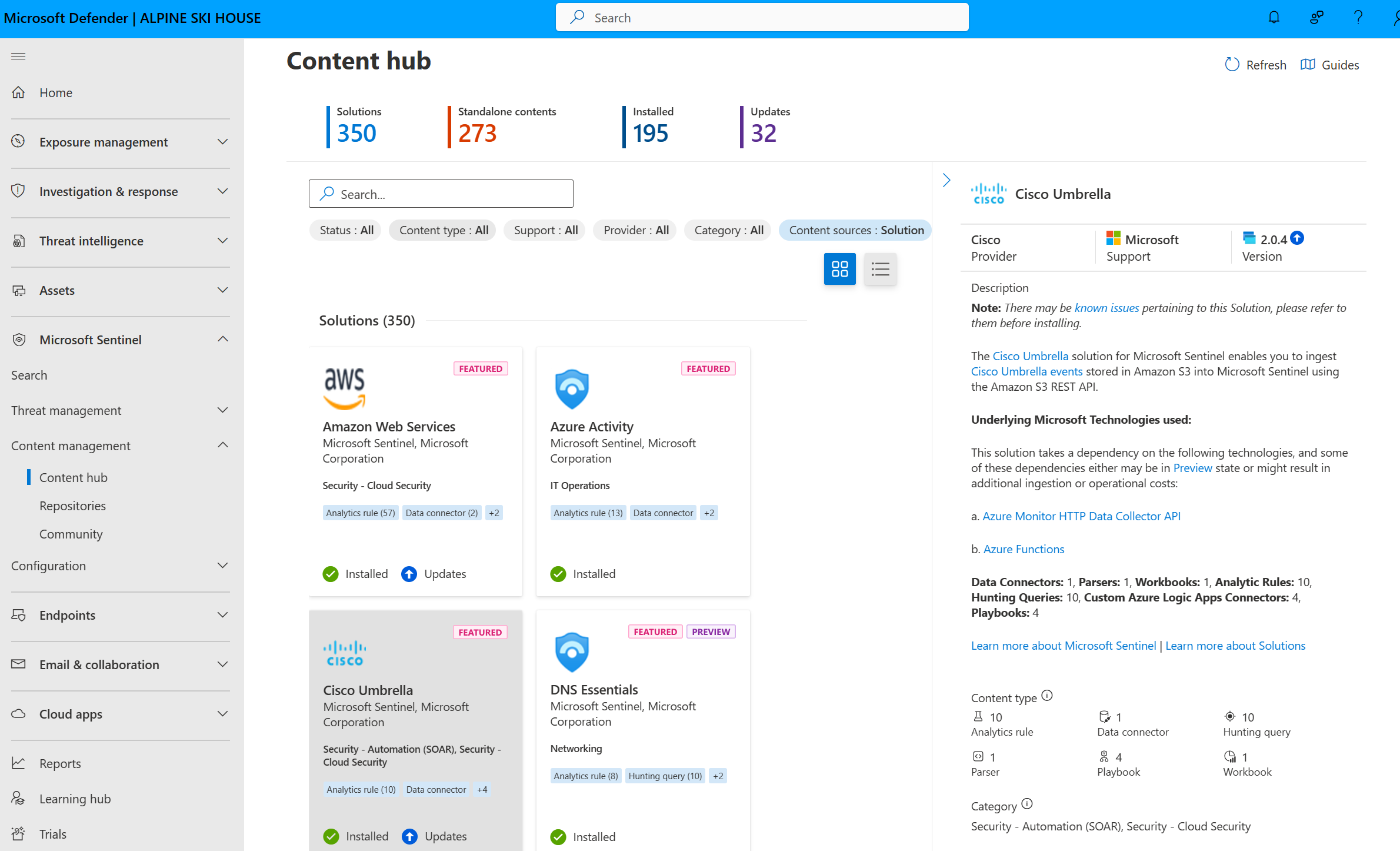 Screenshot of the Microsoft Sentinel content hub in the Defender portal that shows the security content available with a solution.