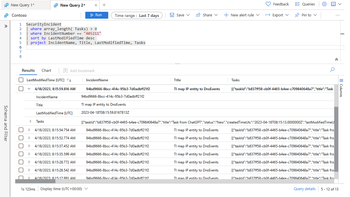 Screenshot of query results showing an incident with its tasks.