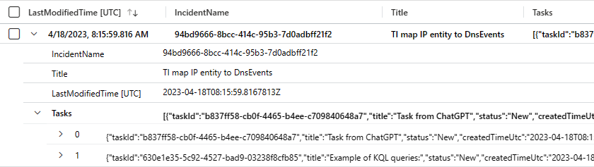 Screenshot of query results showing an incident with its tasks expanded.
