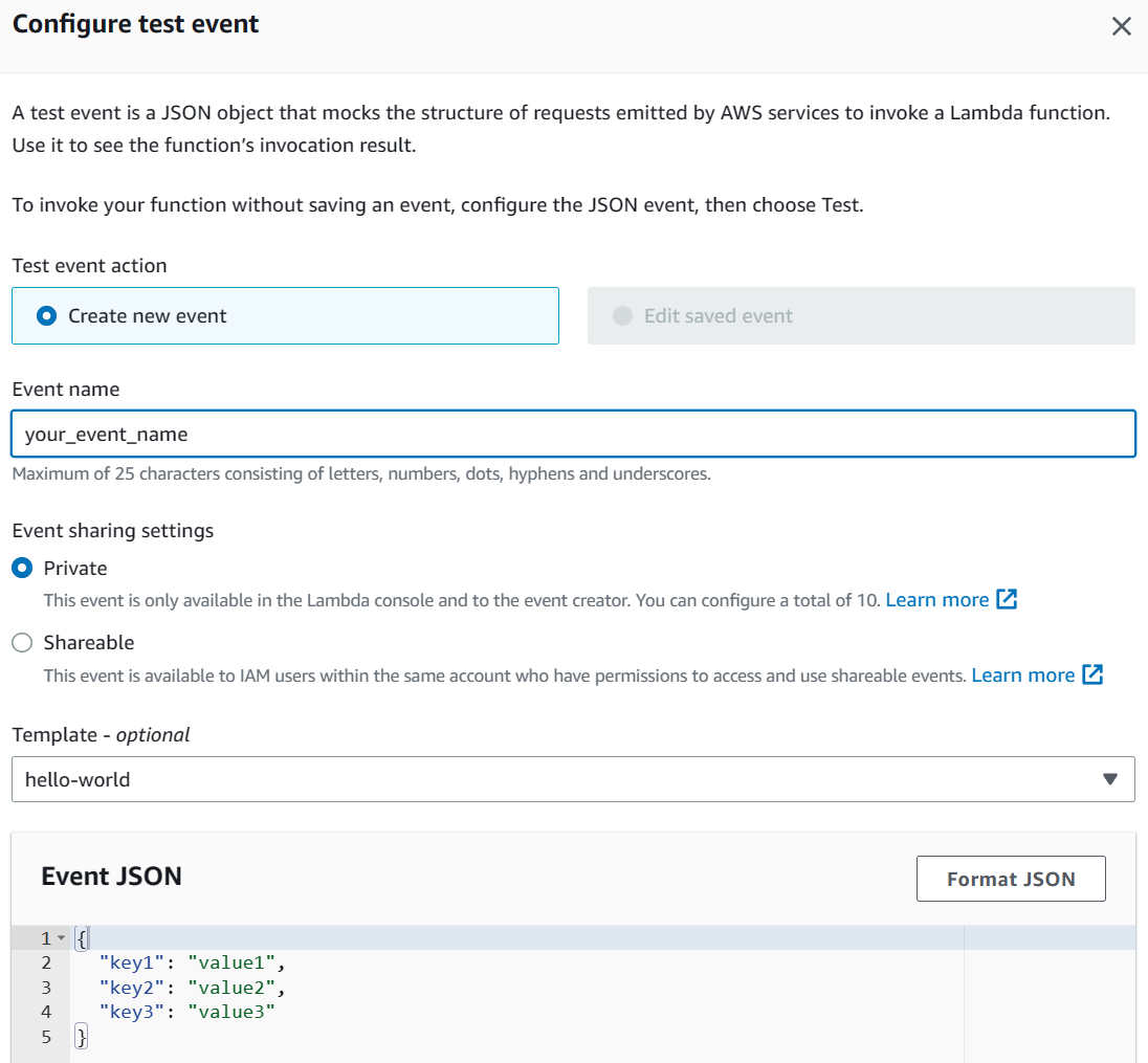 Screenshot of the AWS Management Configure test event screen.