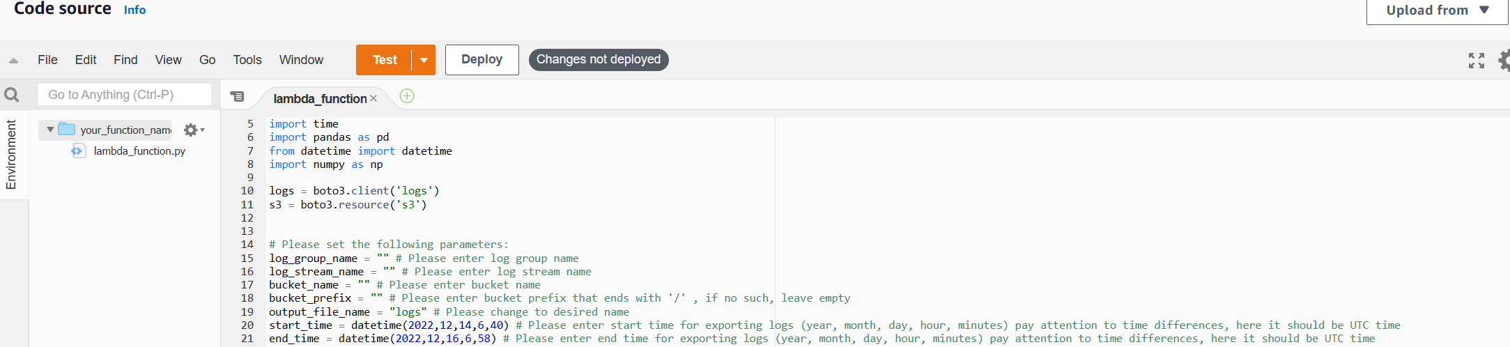 Screenshot of the AWS Management Console Code source screen.