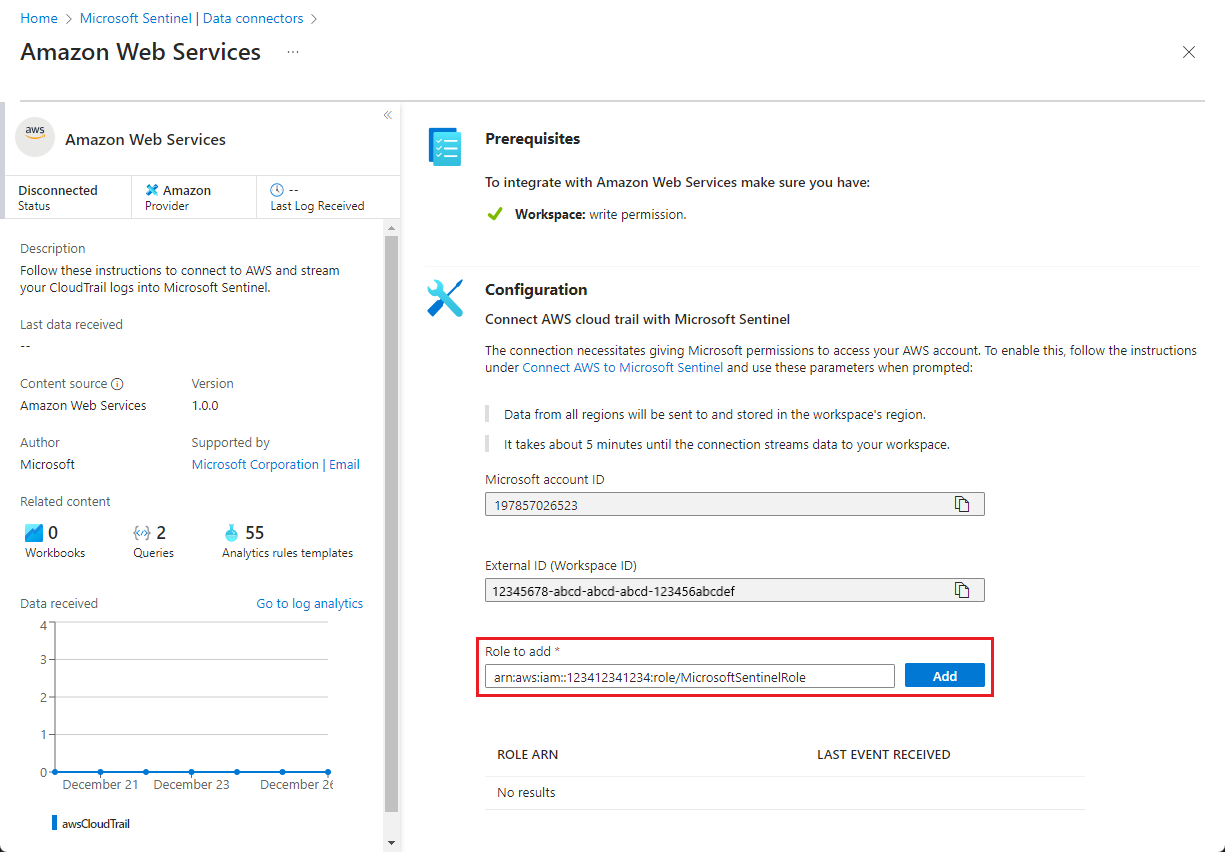 Screenshot of adding an A W S role connection to the AWS connector.