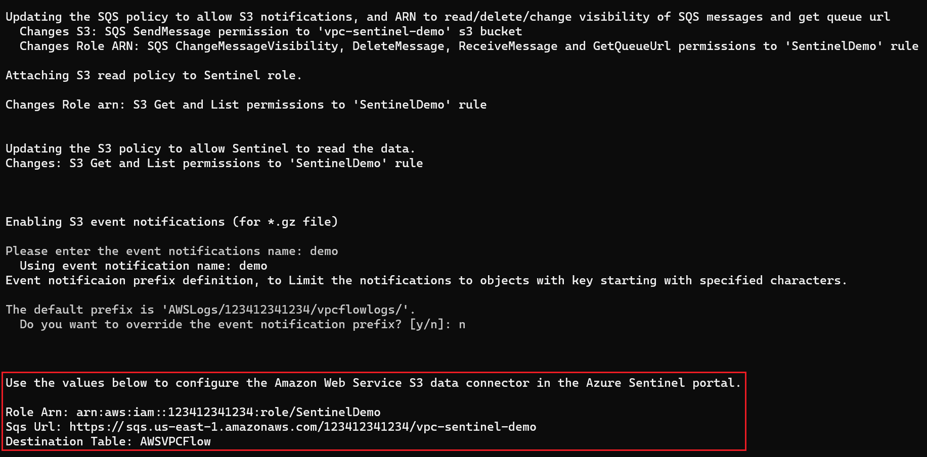 Screenshot of output of A W S connector setup script.