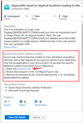 Screenshot of Fusion incident. Select the exclusion link.