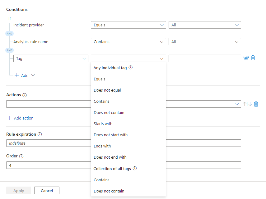 Screenshot of list of operators for tag condition in create trigger rule--for non-onboarded workspaces.